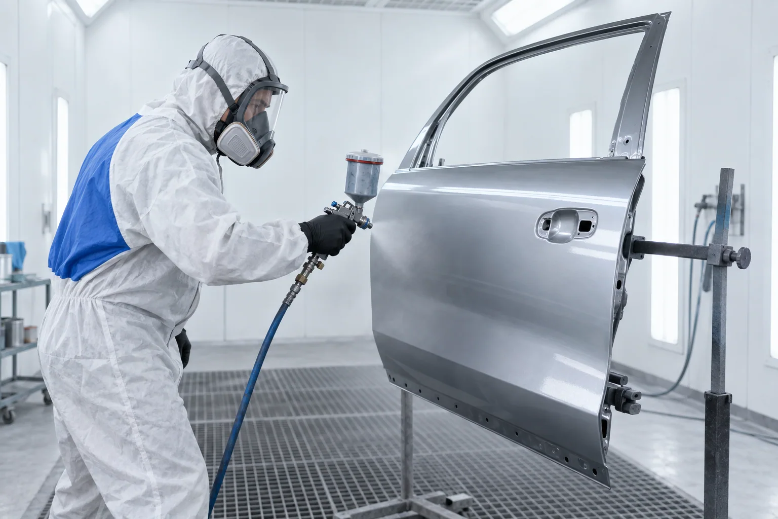 Auto body technician refinishing a silver vehicle door in a paint booth