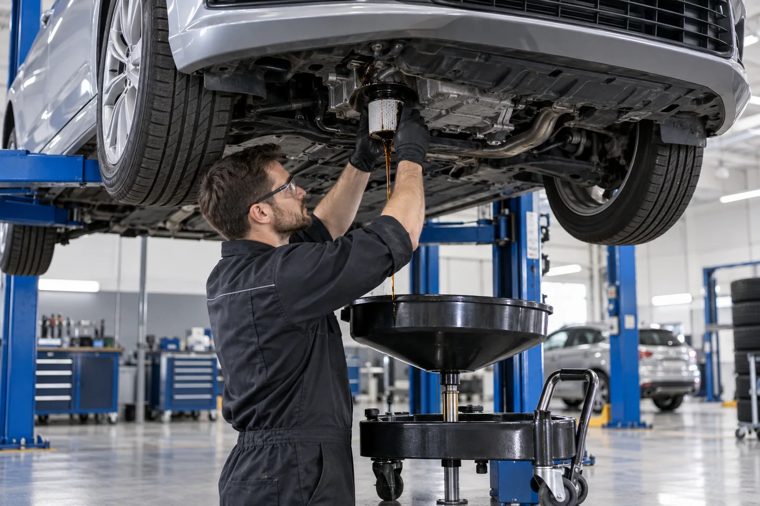 Technician carrying out an oil and filter service beneath a raised sedan