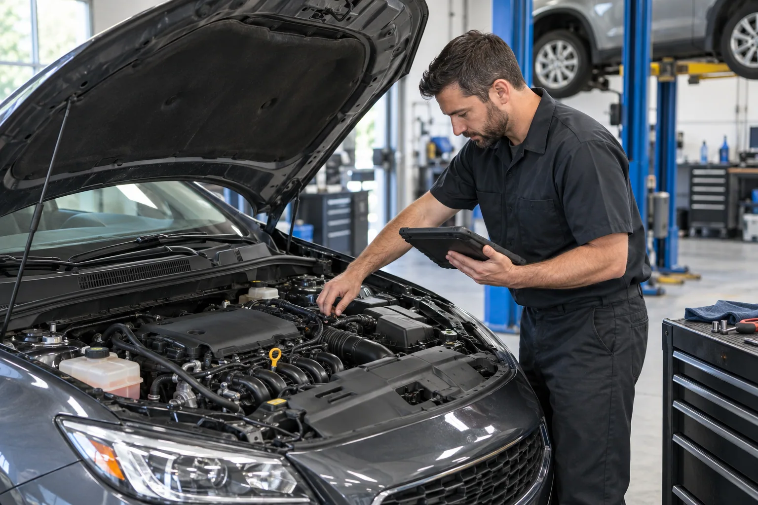 Mechanic diagnosing a sedan engine with a tablet in a repair bay