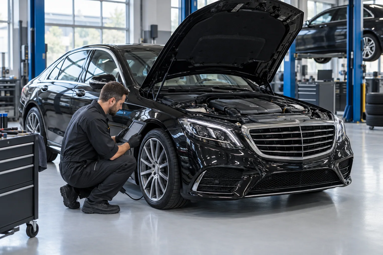 Specialist technician performing diagnostics on a black luxury sedan
